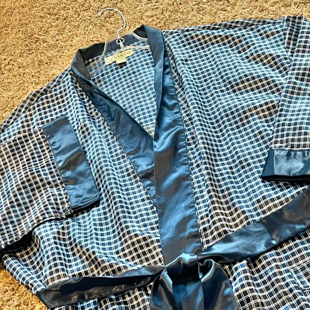 Vintage Haband Mens Satin Robe Navy Blue Grid Print Loungewear Size Regular